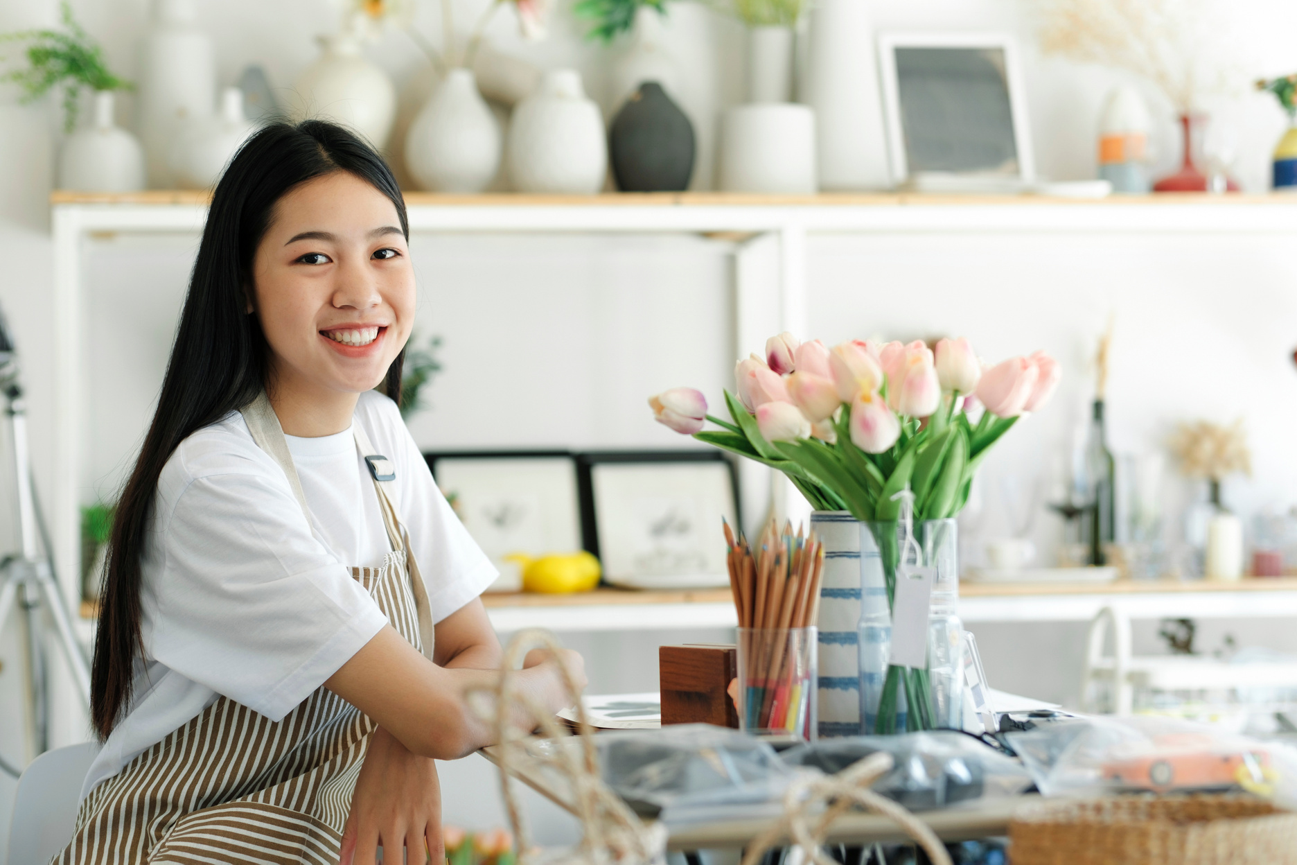 Enjoy young businesswoman celebrate success or happy pose.